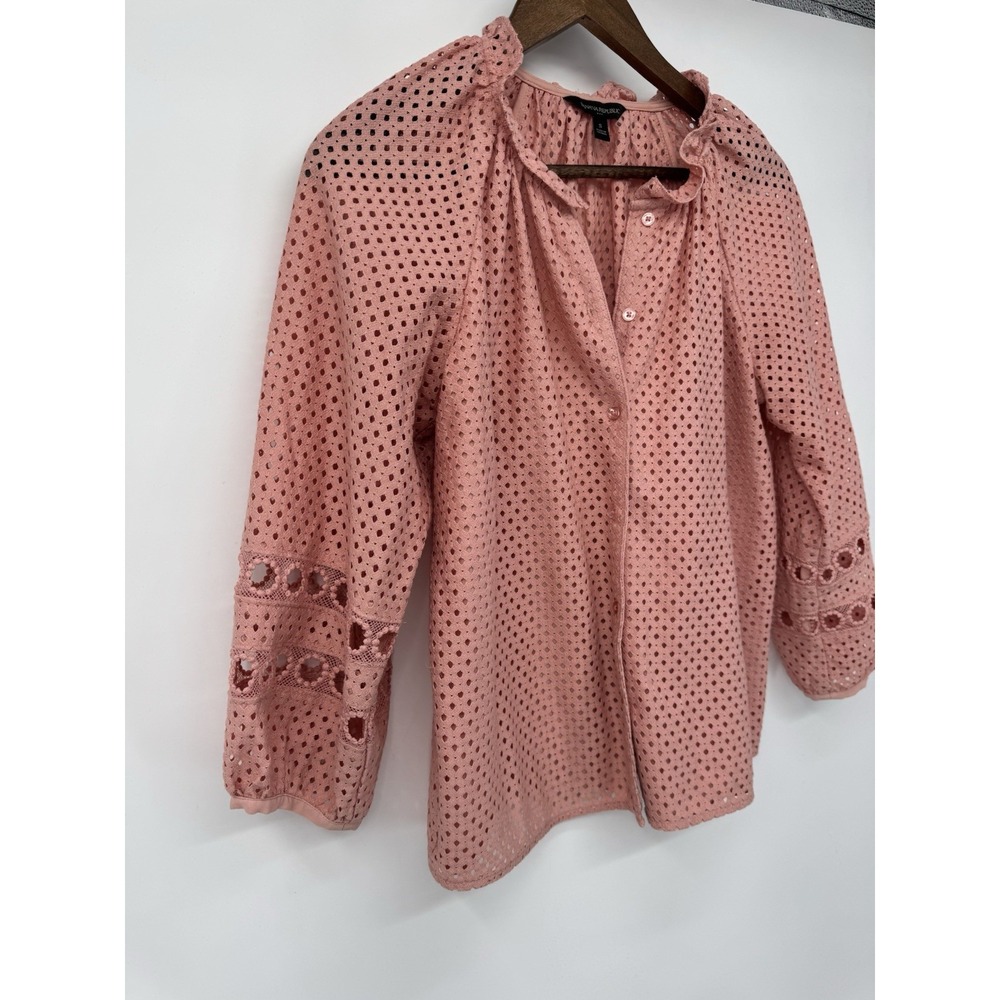 Pink Eyelet Blouse Ruffle‎ Neck Balloon Sleeve Boho Cottagecore Peasant Romantic - Picture 3 of 12